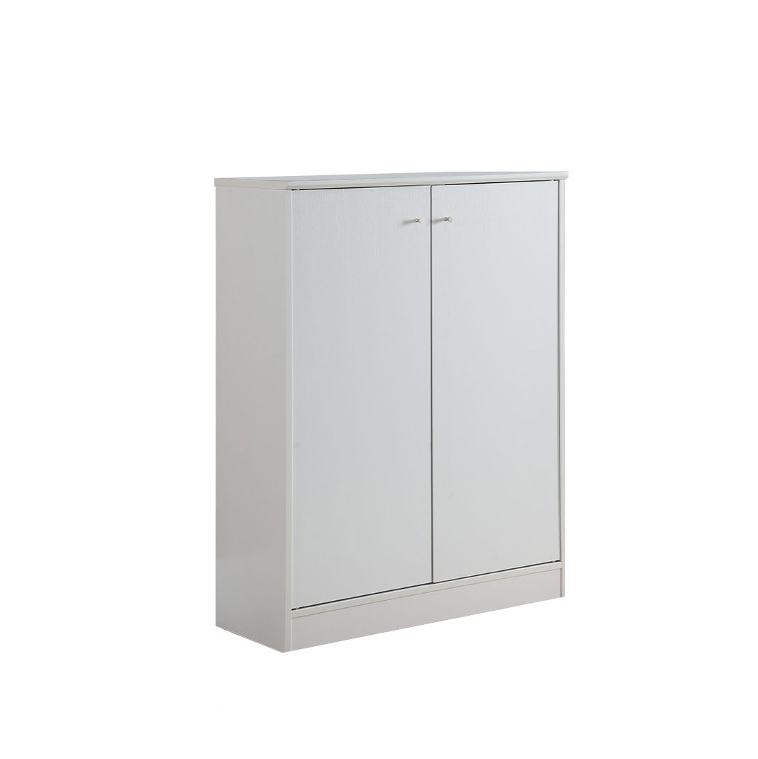 A sleek, white Shoe/Storage Cabinet with two doors, silver handles, and five shelves stands against a plain white background.