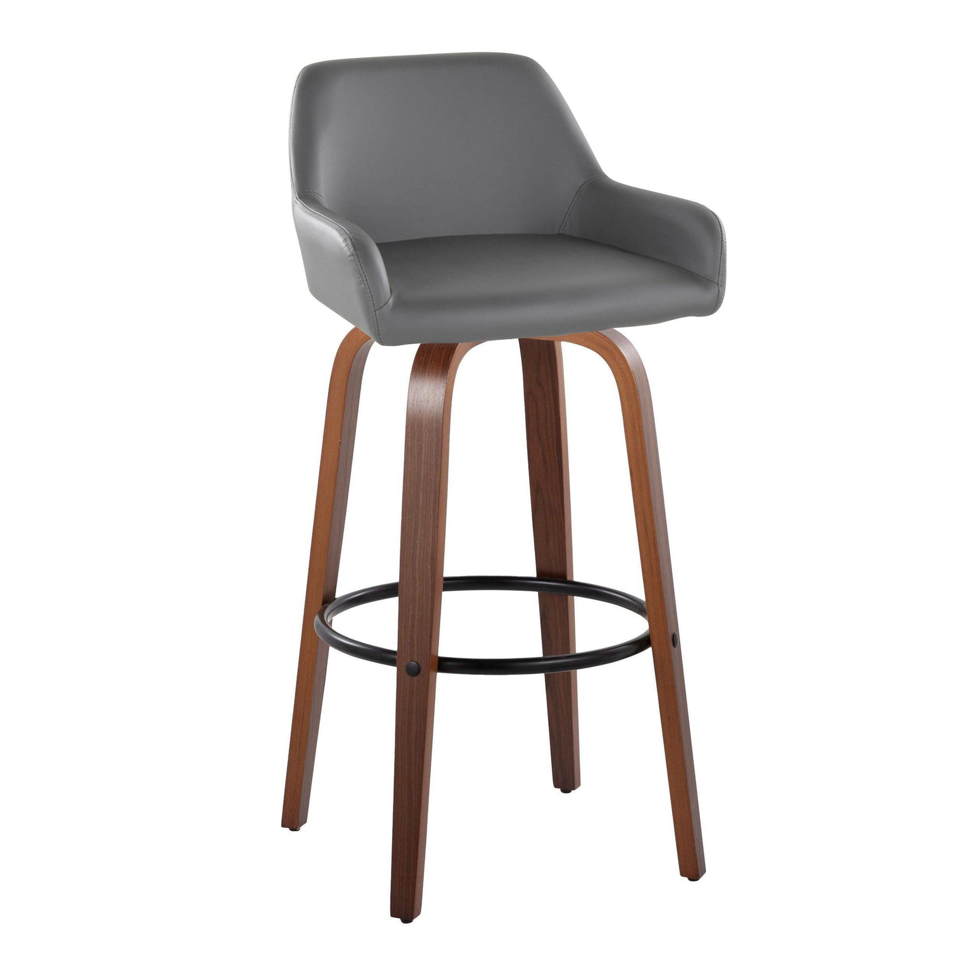 The Daniella Contemporary Barstool (set of 2) features a curved gray cushioned seat, low backrest with armrests, four wooden legs, and a round black swivel footrest for modern style and comfort.
