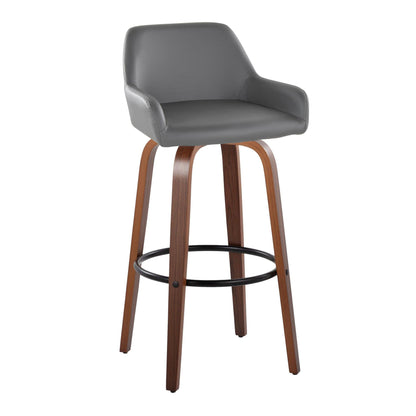 The Daniella Contemporary Barstool (set of 2) features a curved gray cushioned seat, low backrest with armrests, four wooden legs, and a round black swivel footrest for modern style and comfort.