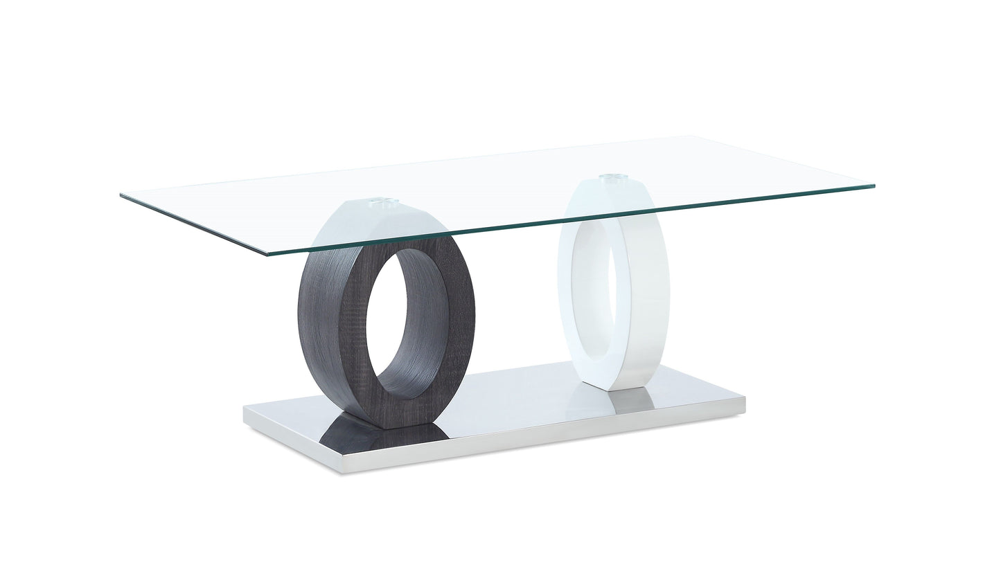 The Couch.com Tracker Coffee Table features a modern design with a durable wood construction, a stylish white finish, and a brown/white color scheme.