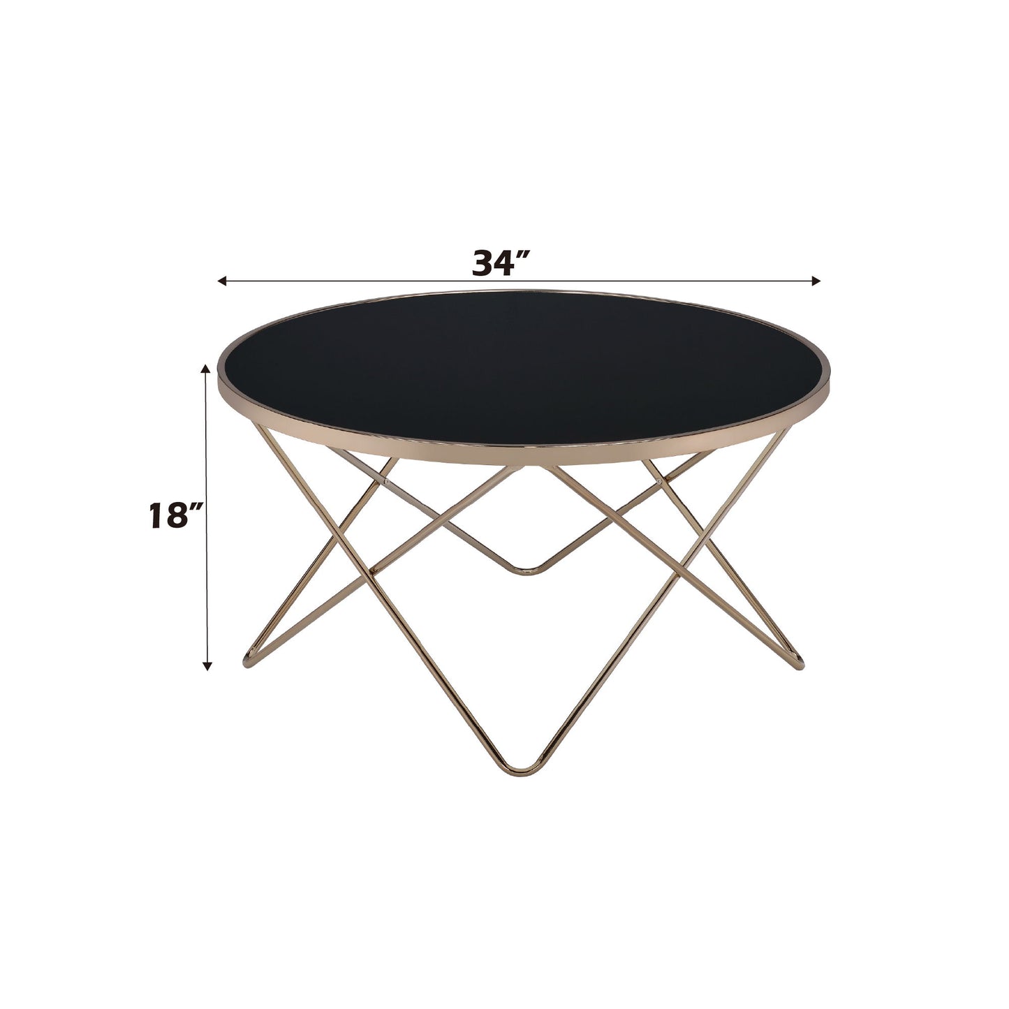 The Valora - Glass Coffee Table features a black glass top with a gold metal frame, measuring 34" in diameter and 18" high. Arrows and text show the table's dimensions.