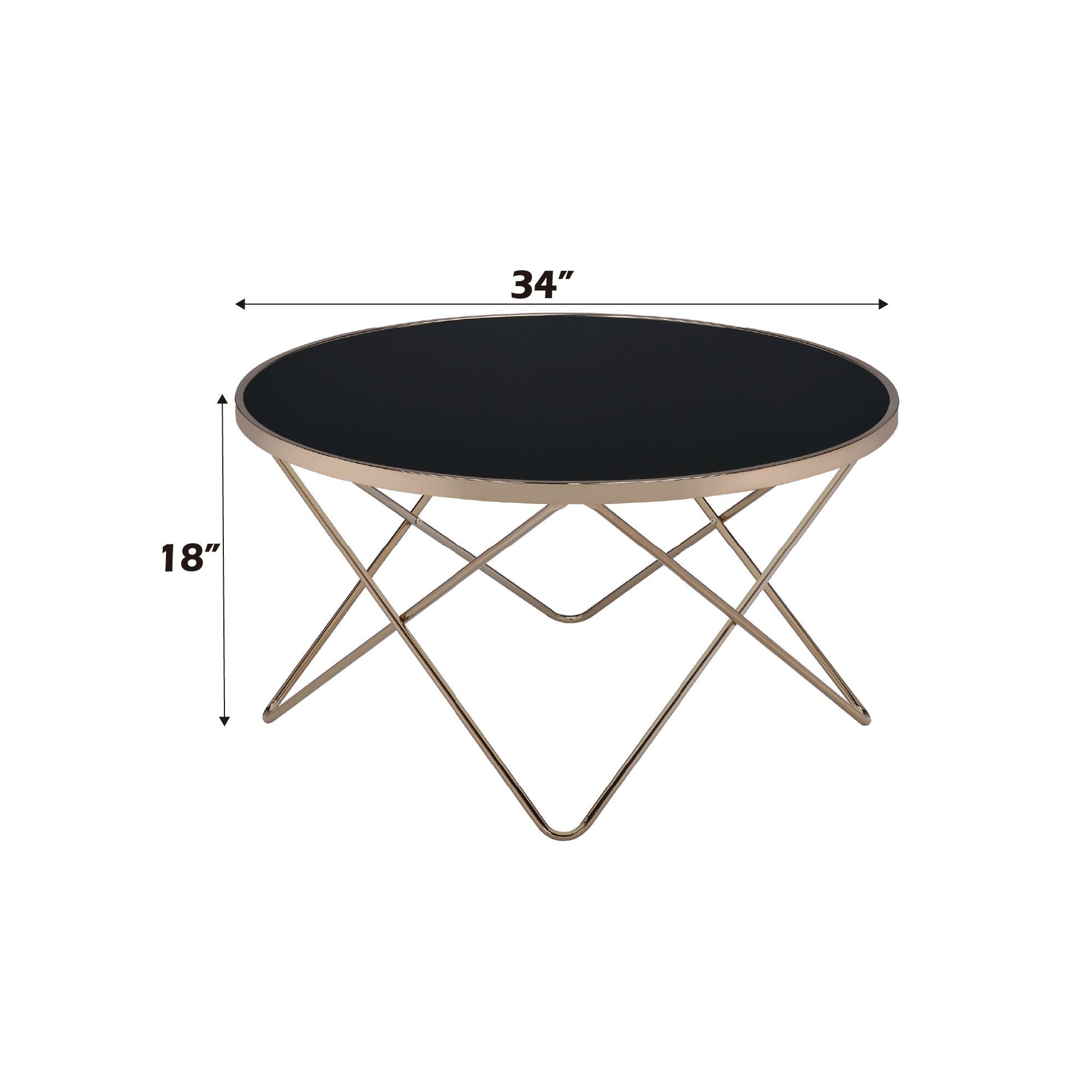 The Valora - Glass Coffee Table features a black glass top with a gold metal frame, measuring 34" in diameter and 18" high. Arrows and text show the table's dimensions.