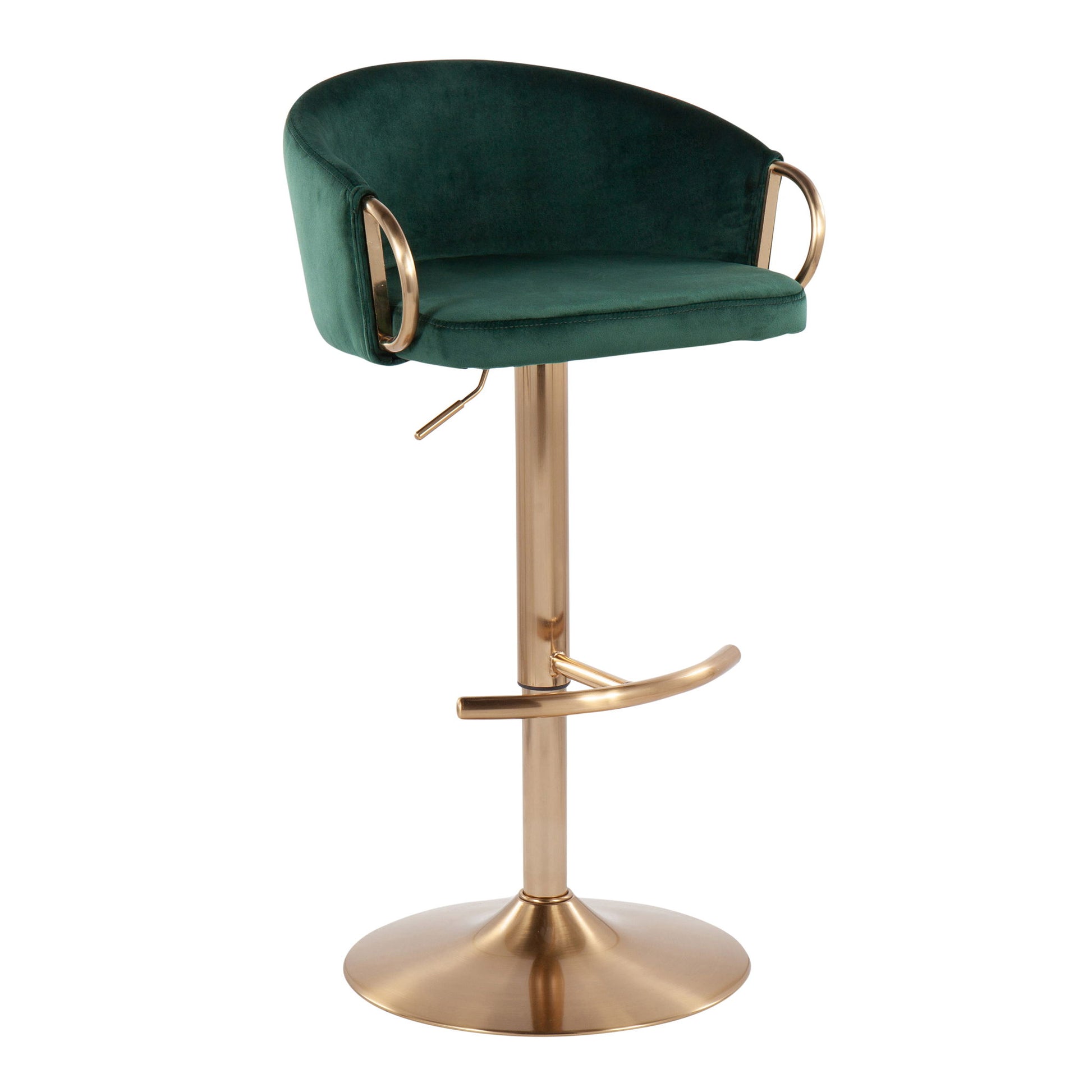 The Claire - Contemporary / Glam Adjustable Bar Stool (Set of 2) features a green velvet cushioned seat, curved backrest with gold armrests, and a gold metal pedestal base with footrest.