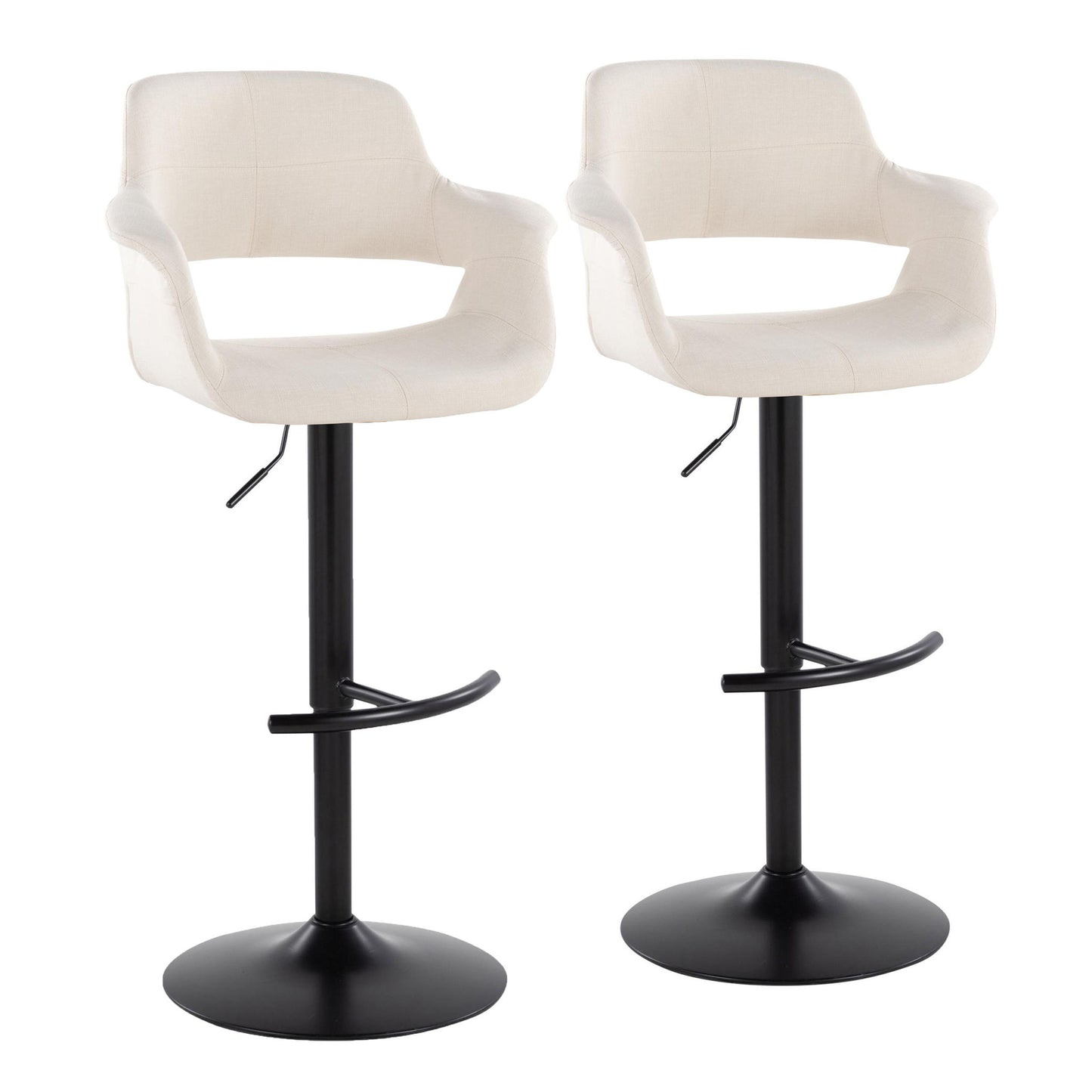 Set of 2 Vintage Flair mid-century modern barstools with swivel seat, curved backs and armrests, black metal base, rounded T footrest, and adjustable height lever.