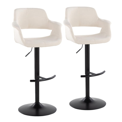 Set of 2 Vintage Flair mid-century modern barstools with swivel seat, curved backs and armrests, black metal base, rounded T footrest, and adjustable height lever.