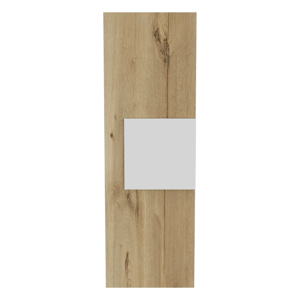 The Medicine Single Door Cabinet features a light oak finish, three shelves, and a rectangular frosted glass panel below the center on its single door.