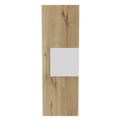 The Medicine Single Door Cabinet features a light oak finish, three shelves, and a rectangular frosted glass panel below the center on its single door.