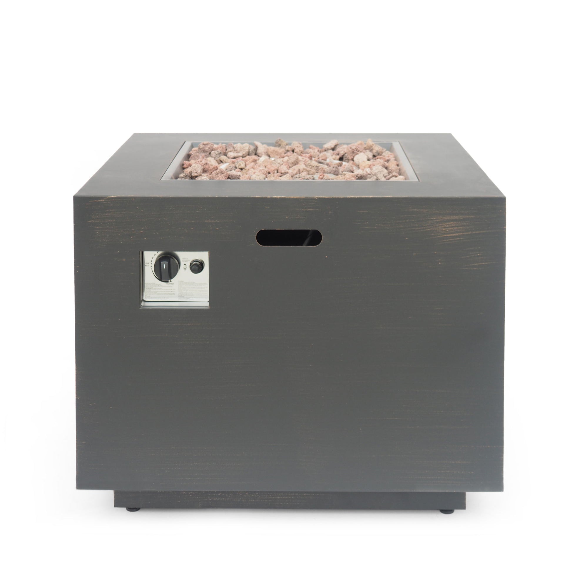 The Outdoor Patio Gas Burning Fire Pit Table 50,000 Btu is a square, dark gray outdoor fire pit with a front control panel and decorative stones on top, shown against a plain white background.