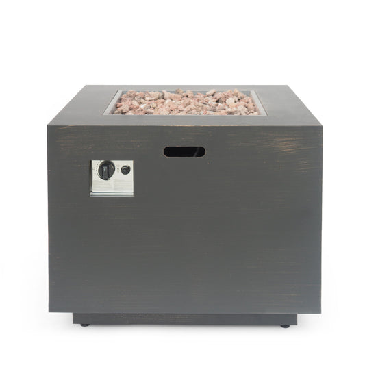 The Outdoor Patio Gas Burning Fire Pit Table 50,000 Btu is a square, dark gray outdoor fire pit with a front control panel and decorative stones on top, shown against a plain white background.