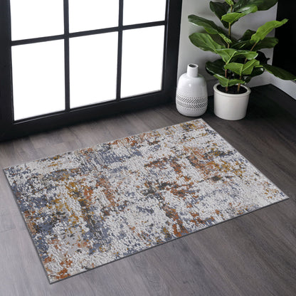 The Payas - Abstract Area Rug, featuring gray, white, and orange abstract patterns, is placed on a dark wood floor by a large window, with a potted plant and white decorative vase in the corner.