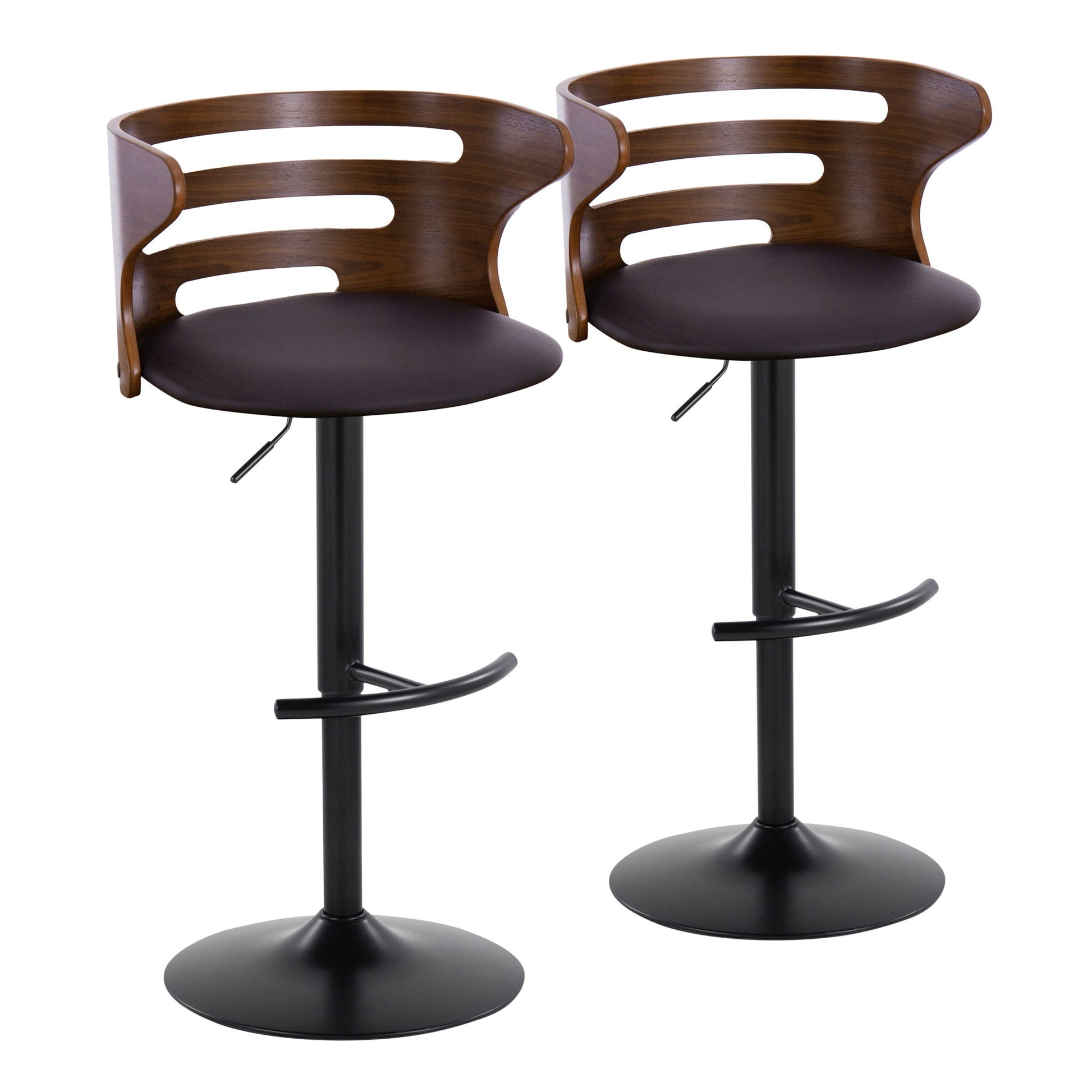 Set of 2 Cosi Mid Century Modern Adjustable Barstools feature curved wooden backs with cutout designs, round black seats, swivel function, and black metal pedestal bases with adjustable height and rounded T footrests.