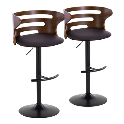 Set of 2 Cosi Mid Century Modern Adjustable Barstools feature curved wooden backs with cutout designs, round black seats, swivel function, and black metal pedestal bases with adjustable height and rounded T footrests.