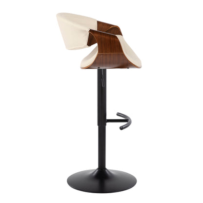 The Symphony Mid Century Modern Adjustable Barstool (set of 2) features a curved wooden and white upholstered seat, swivel function, black pedestal base, and rounded T footrest.
