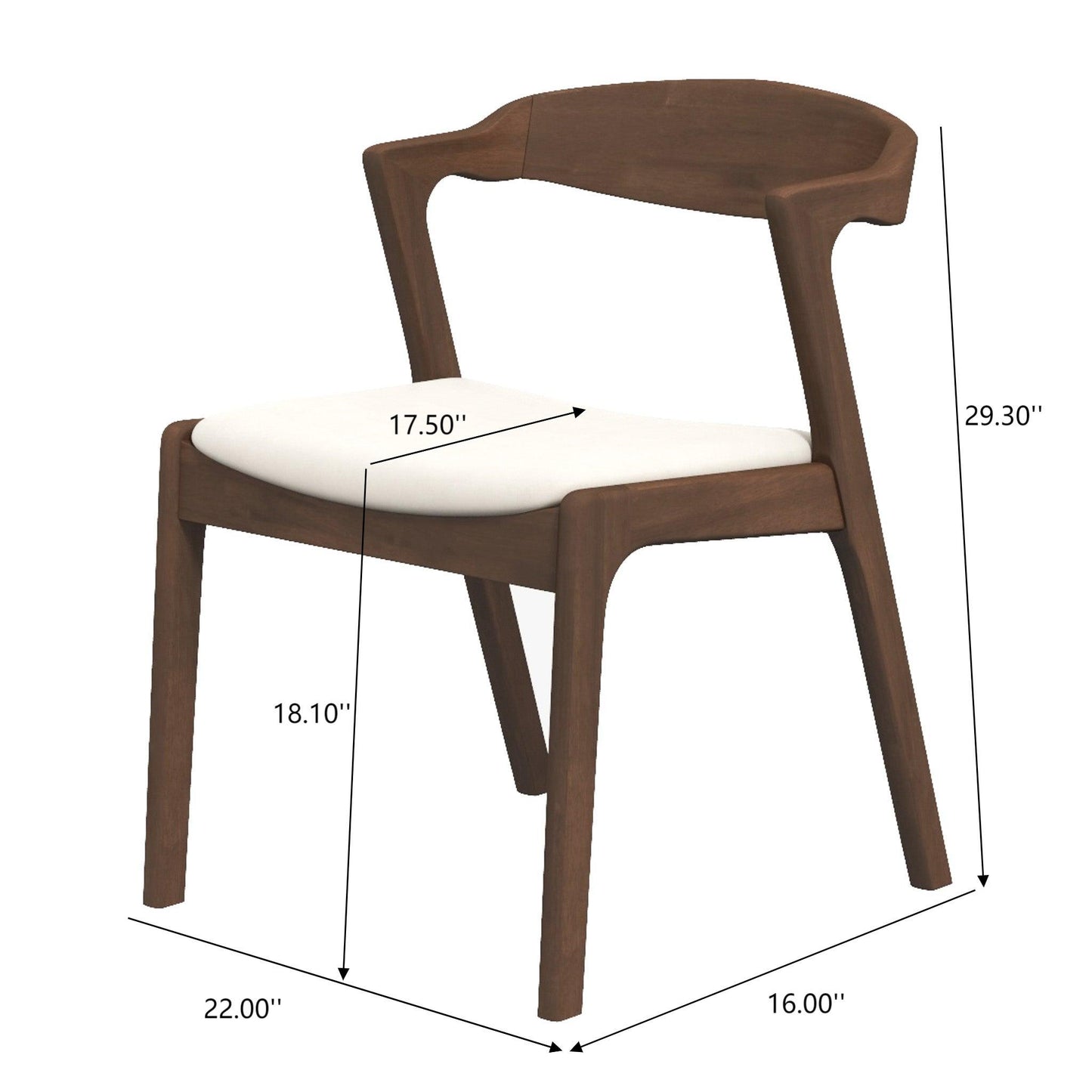 The Dakota - Mid-Century Modern Velvet Dining Chair (Set of 2) features a curved backrest, soft velvet seat in white, and dimensions: height 29.3", seat height 18.1", seat depth 17.5", width 22", depth 16".
