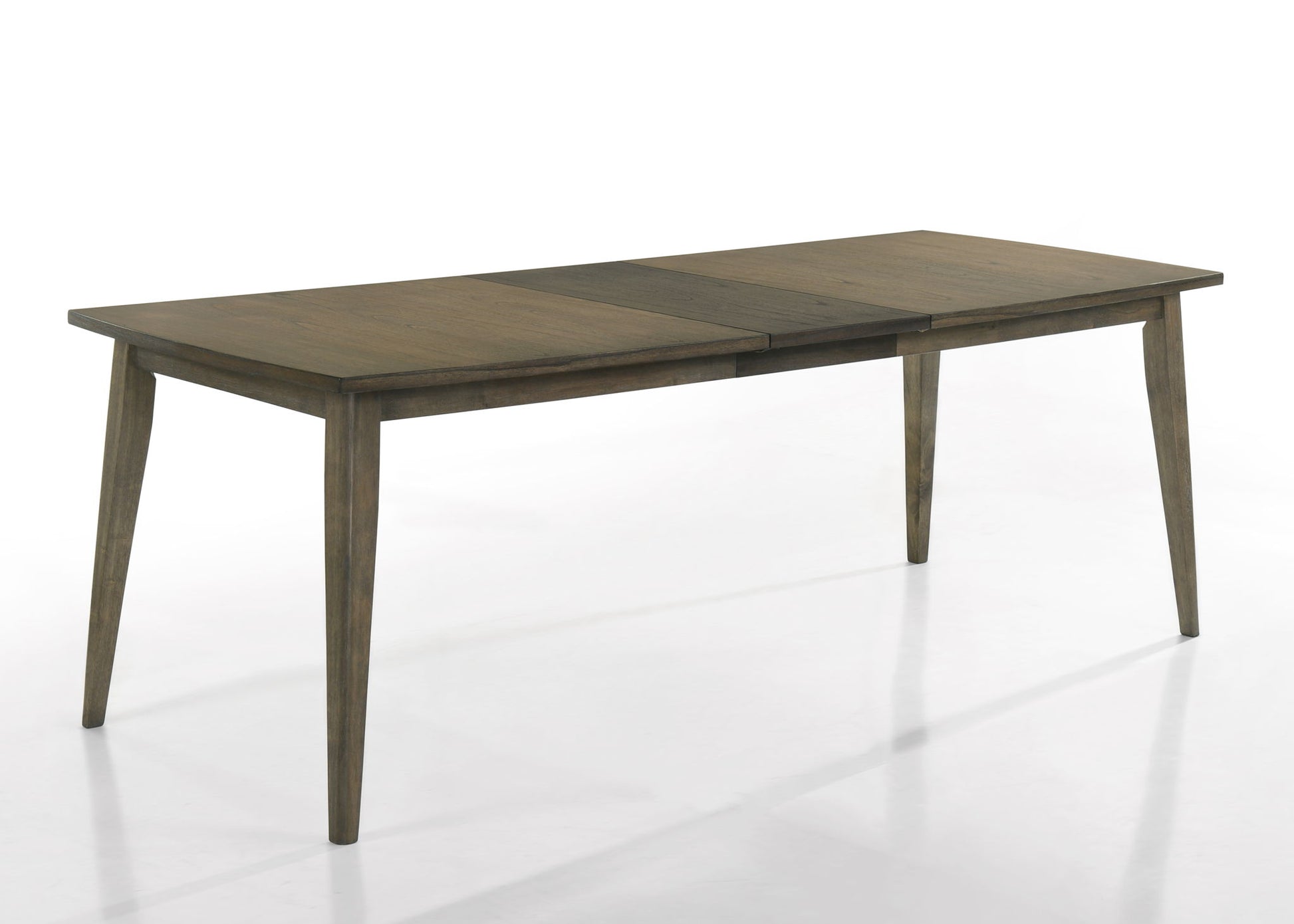 The Bistro dining table features a rectangular dark wood top with a visible center seam, four tapered legs, and a simple modern design. It comes paired with off-white fabric dining chairs for a stylish dining set.