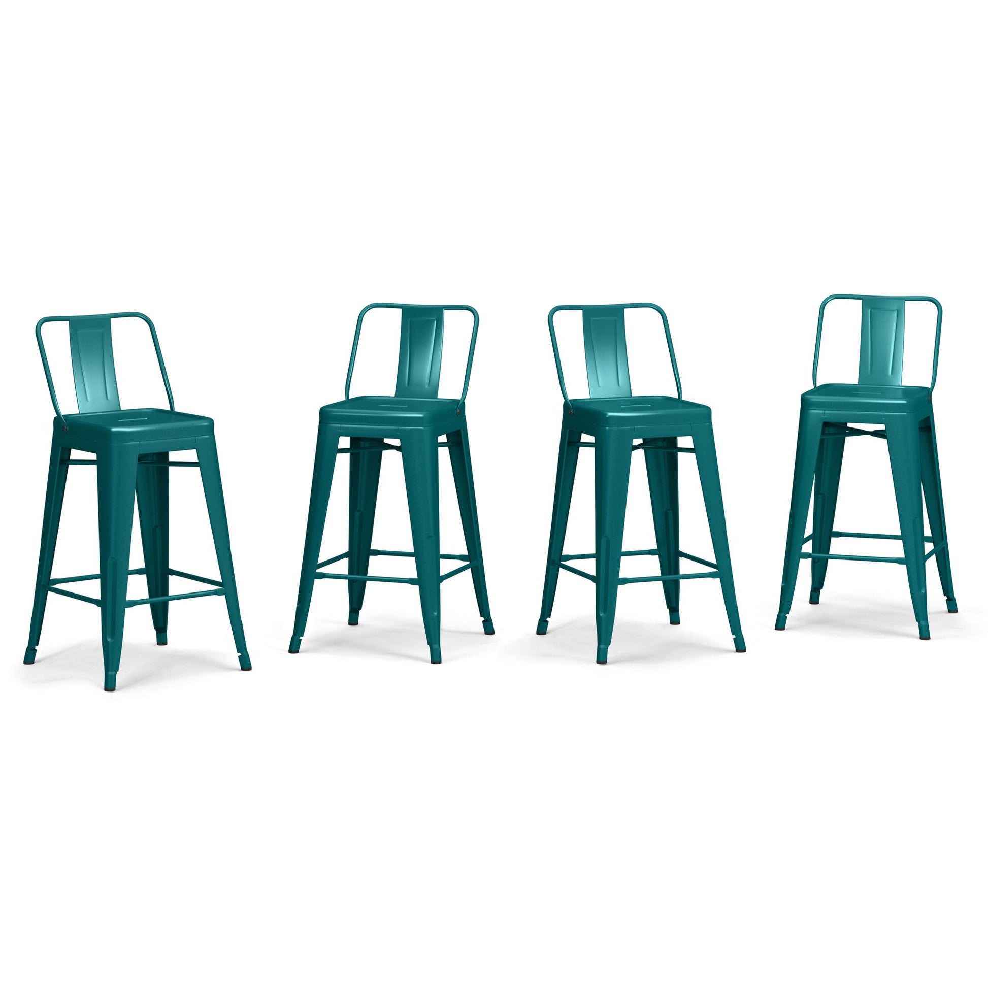 Four Rayne Multifunctional Metal Stools in teal, featuring square seats, backrests, and footrests, are arranged in a row against a white background. Their modern industrial design adds stylish functionality to any space.