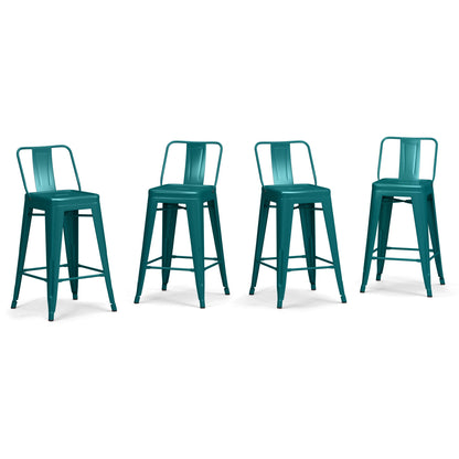 Four Rayne Multifunctional Metal Stools in teal, featuring square seats, backrests, and footrests, are arranged in a row against a white background. Their modern industrial design adds stylish functionality to any space.