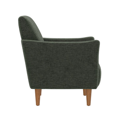 Side view of the Lexi Accent Chair in green, featuring angled wooden legs and gently curved armrests, shown against a white background.