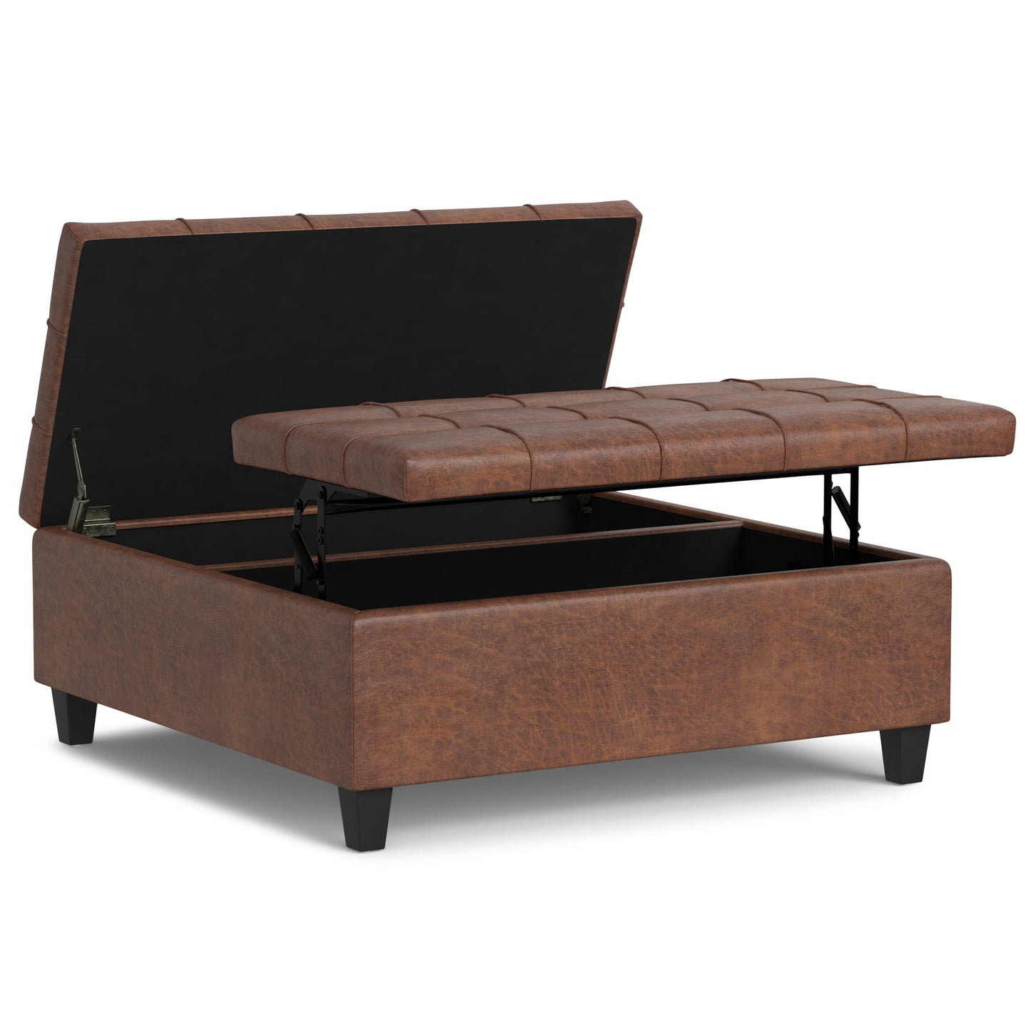 The Harrison Upholstered Coffee Table Storage Ottoman features a brown finish, lift-top lid with interior storage, short black legs, and a stitched square cushion pattern.