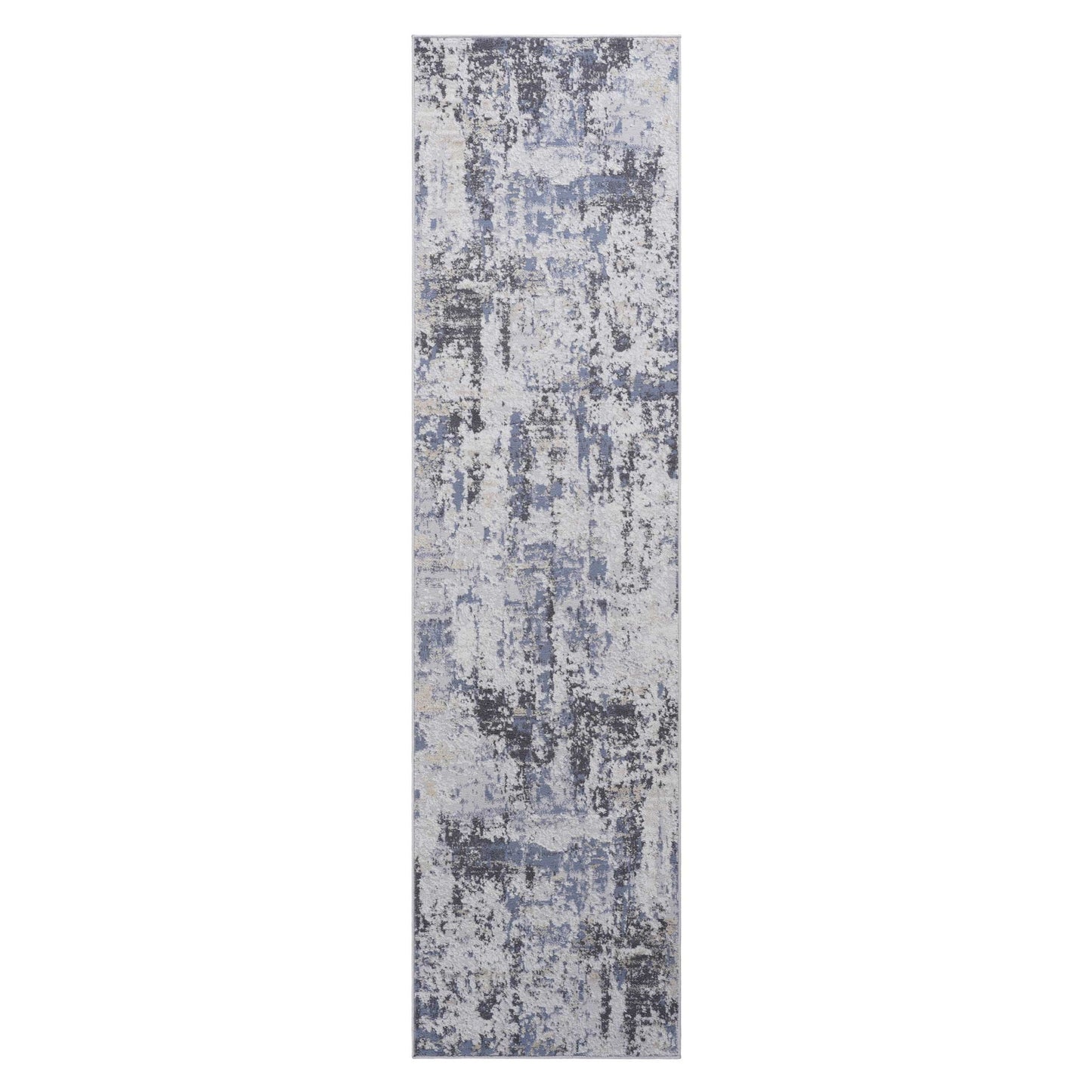 The Payas - Abstract Area Rug is a rectangular runner featuring an abstract pattern in blue, grey, and white with a distressed, textured look.
