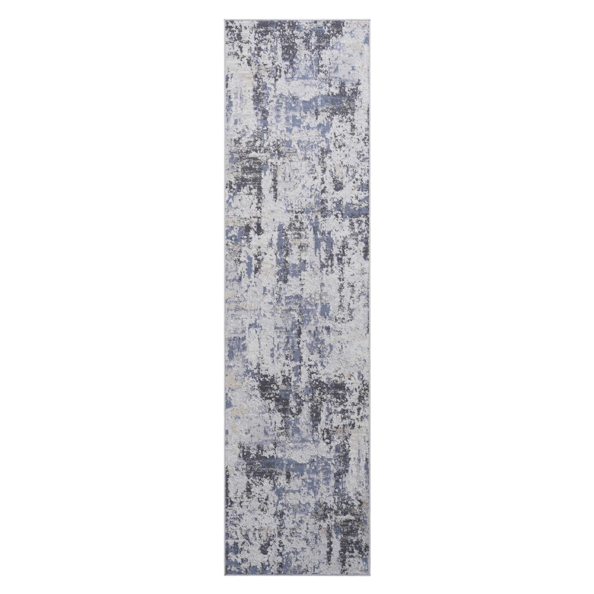 The Payas - Abstract Area Rug is a rectangular runner featuring an abstract pattern in blue, grey, and white with a distressed, textured look.