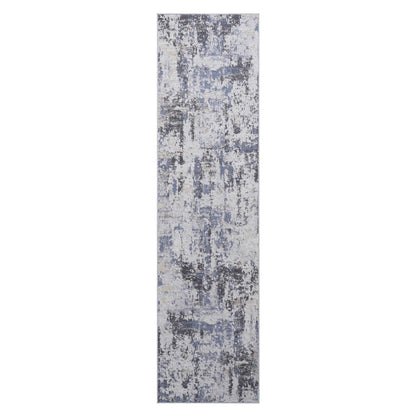 The Payas - Abstract Area Rug is a rectangular runner featuring an abstract pattern in blue, grey, and white with a distressed, textured look.