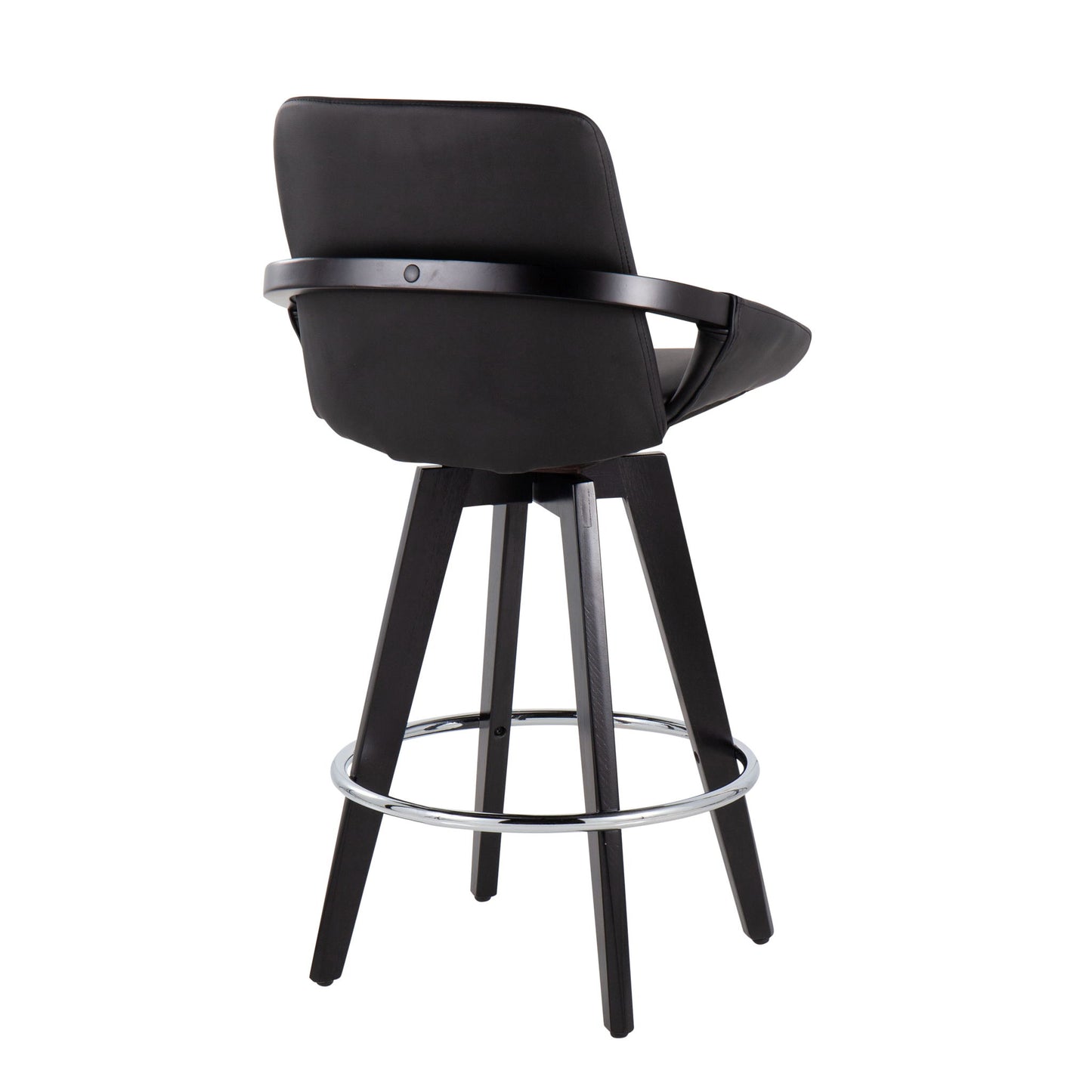 The Cosmo Contemporary Fixed Height Counter Stool set includes two black stools with padded seats and backrests, swivel function, wooden legs, and a round chrome footrest—shown from behind at an angle.