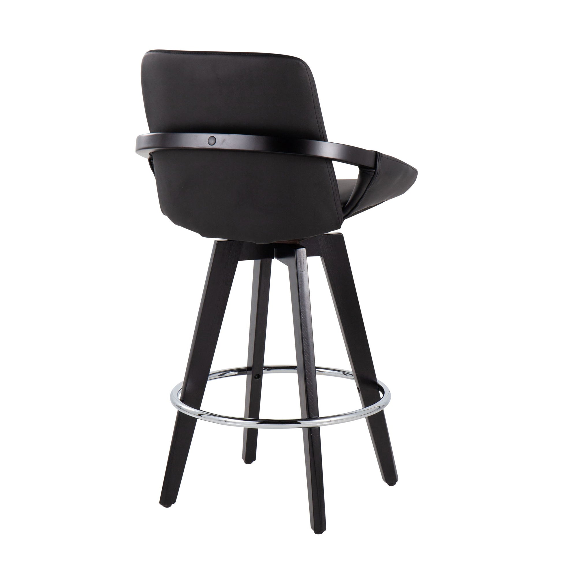 The Cosmo Contemporary Fixed Height Counter Stool set includes two black stools with padded seats and backrests, swivel function, wooden legs, and a round chrome footrest—shown from behind at an angle.