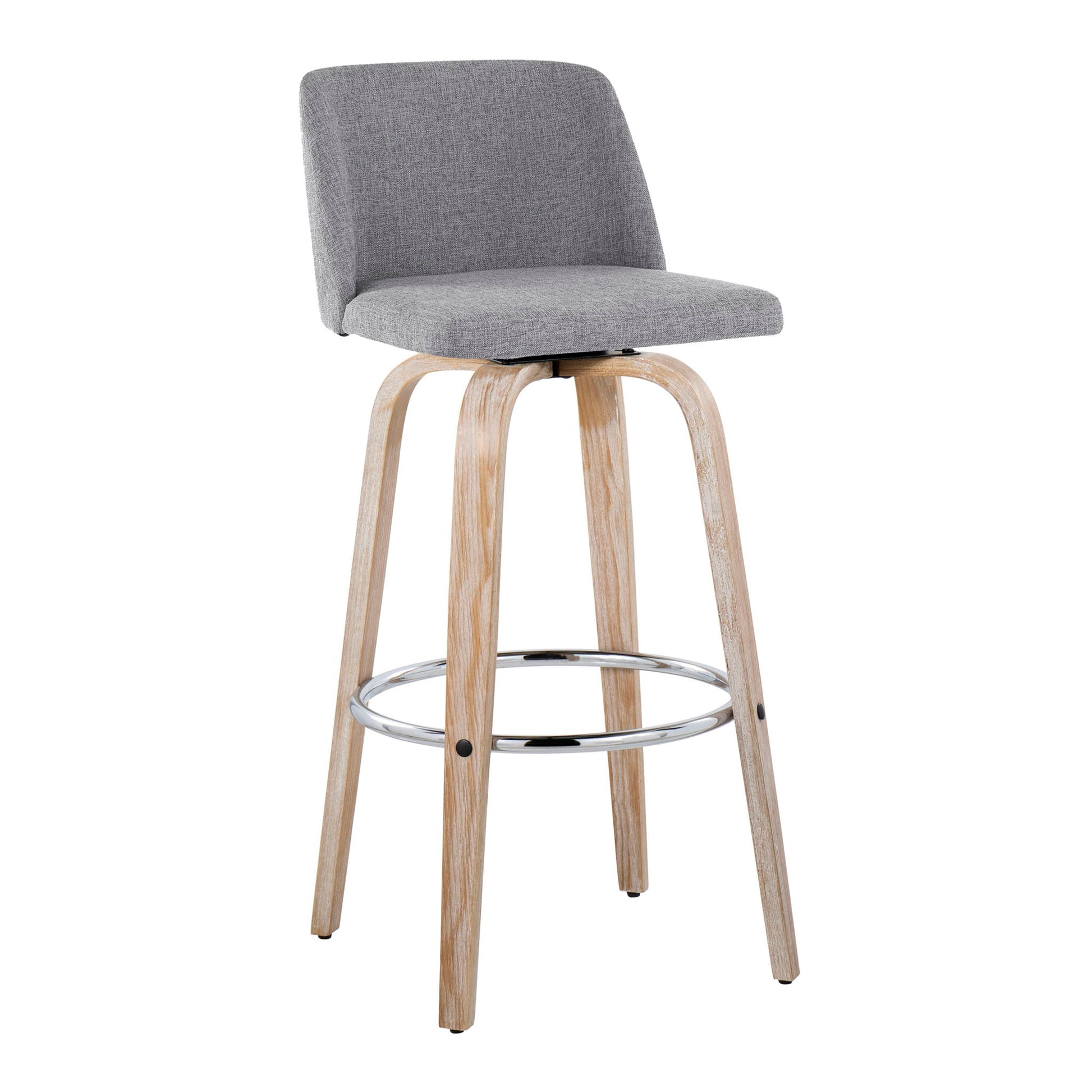 The Toriano Contemporary Fixed Height Barstool (Set of 2) features a gray cushioned seat and back, light wood curved legs, a swivel function, and a round chrome footrest for modern style and comfort.