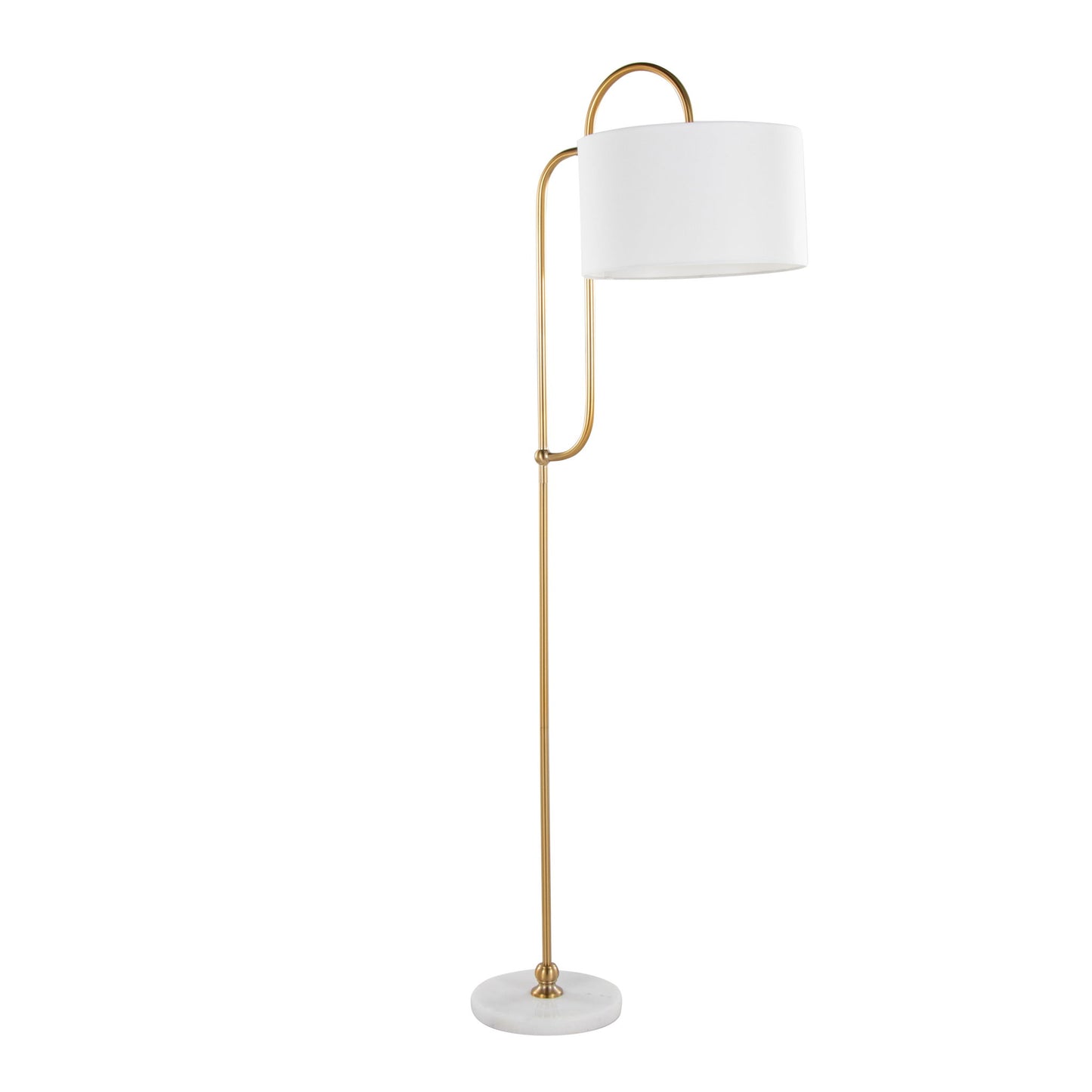 The Leslie Glam / Art Deco Floor Lamp features a gold metal stand with a curved top, a round white lampshade, and a circular white marble base.