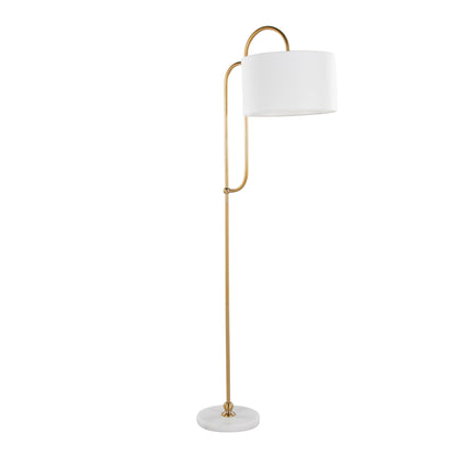 The Leslie Glam / Art Deco Floor Lamp features a gold metal stand with a curved top, a round white lampshade, and a circular white marble base.