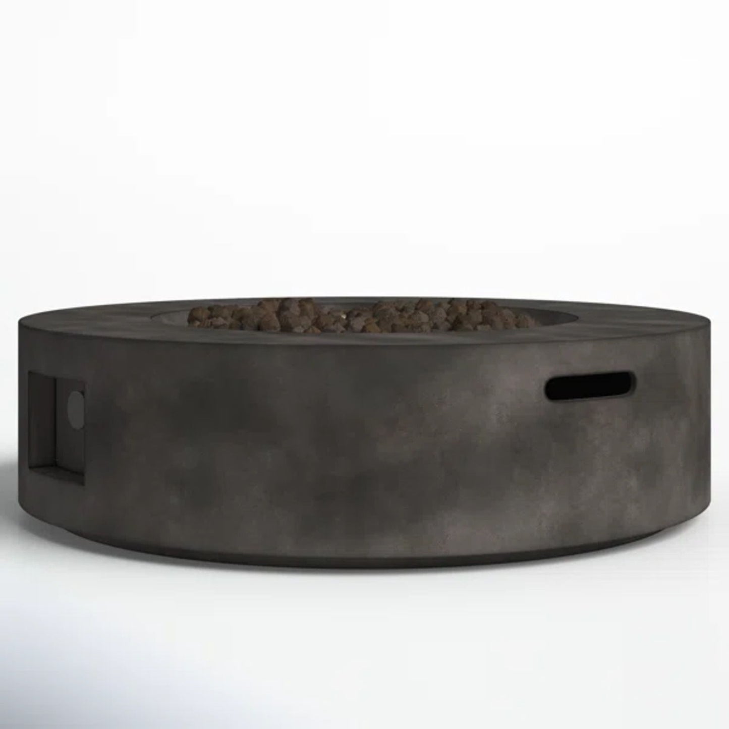 The Fiber Reinforced Outdoor Fire Pit Table in Black/Gray features a round, modern design with a recessed stone-filled center, side handle slot, and left-side control panel, shown against a plain white background.