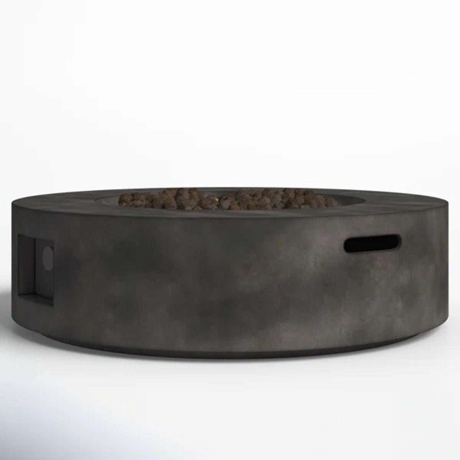 The Fiber Reinforced Outdoor Fire Pit Table in Black/Gray features a round, modern design with a recessed stone-filled center, side handle slot, and left-side control panel, shown against a plain white background.