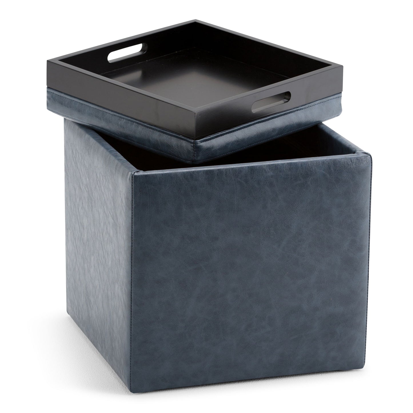 The Rockwood Upholstered Cube Storage Ottoman With Tray is shown open in blue faux leather, featuring a removable black tray lid resting diagonally on top.