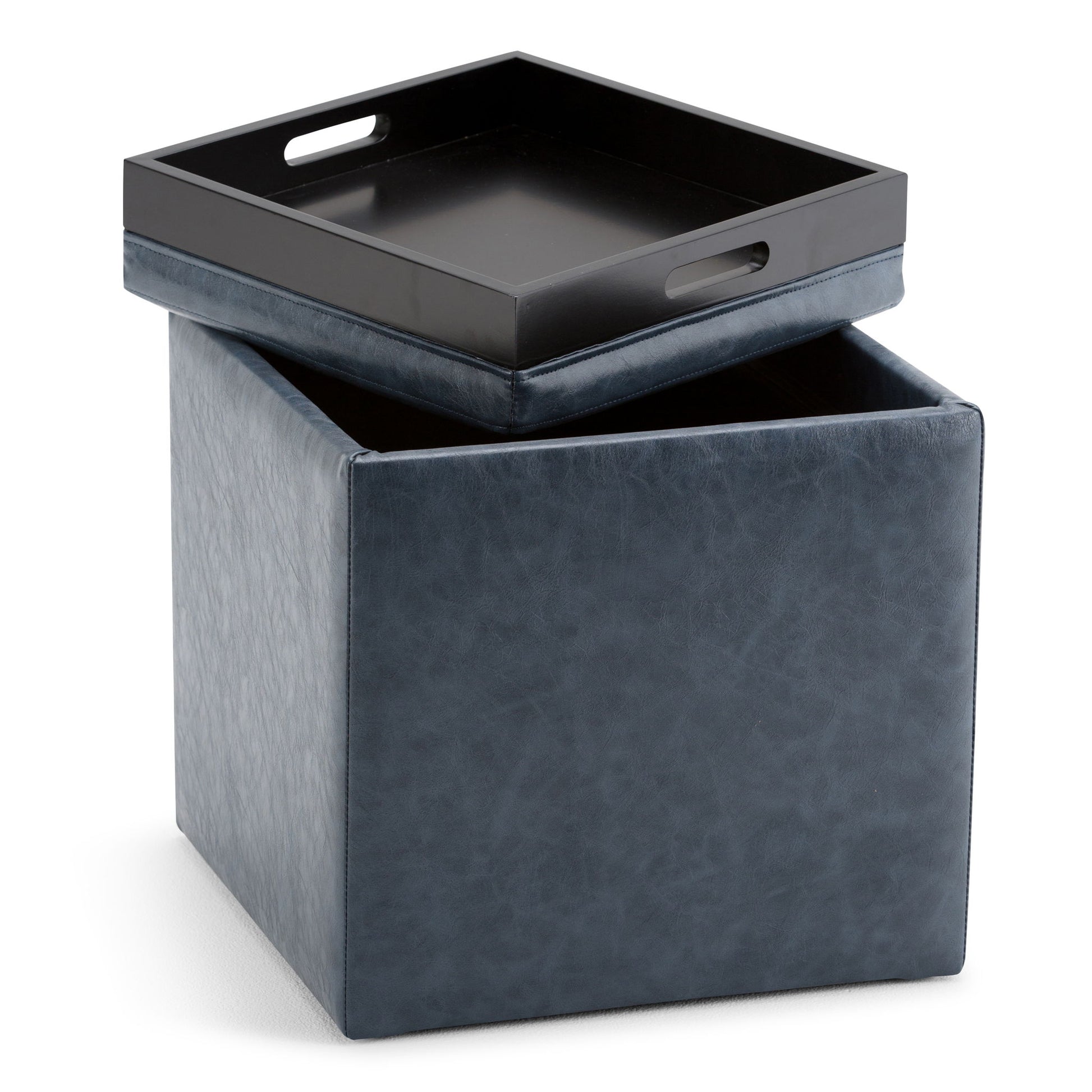 The Rockwood Upholstered Cube Storage Ottoman With Tray is shown open in blue faux leather, featuring a removable black tray lid resting diagonally on top.