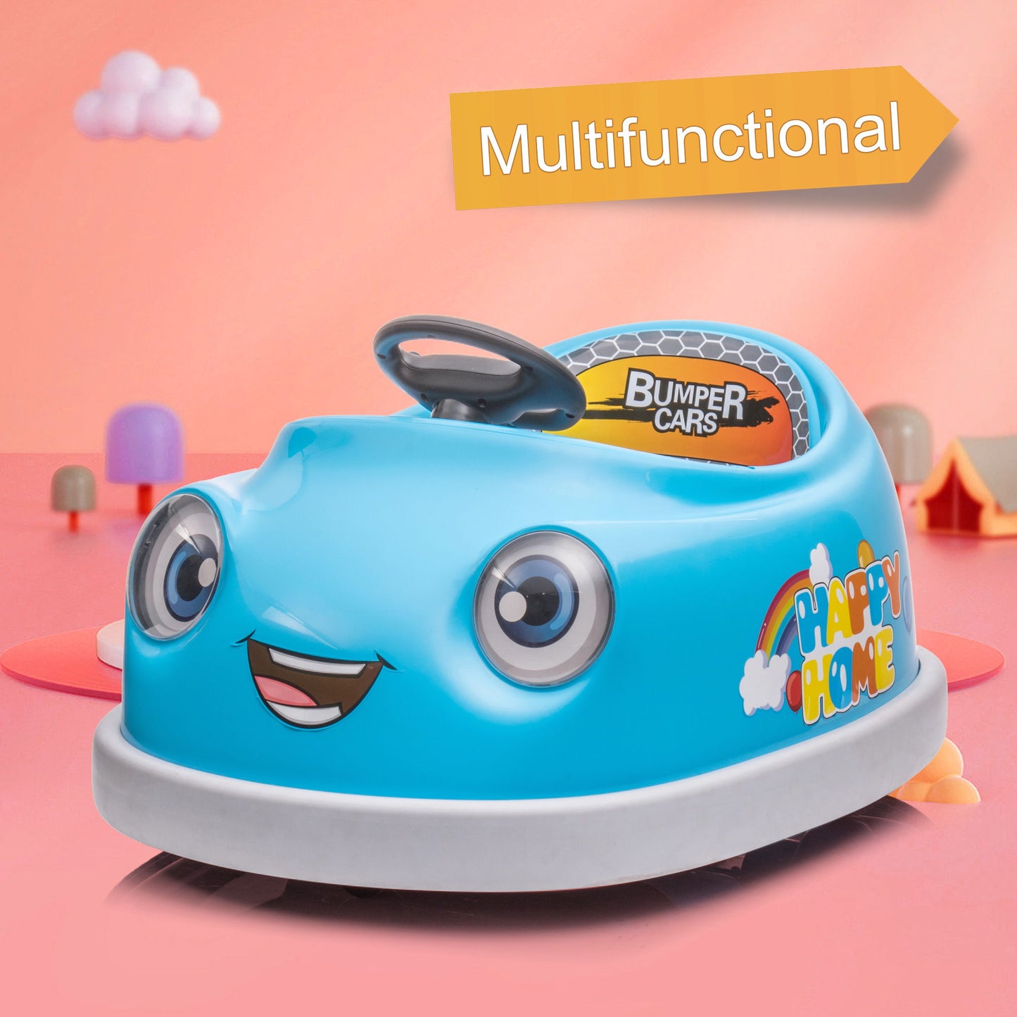 A blue "Bumper Car For Kids" 12V electric ride-on for ages 1-6, featuring cartoon eyes, smile, "HAPPY HOME" and "BUMPER CARS" text. Pink whimsical background; top right label says "Multifunctional." Includes pushrod, dinner plate & music.