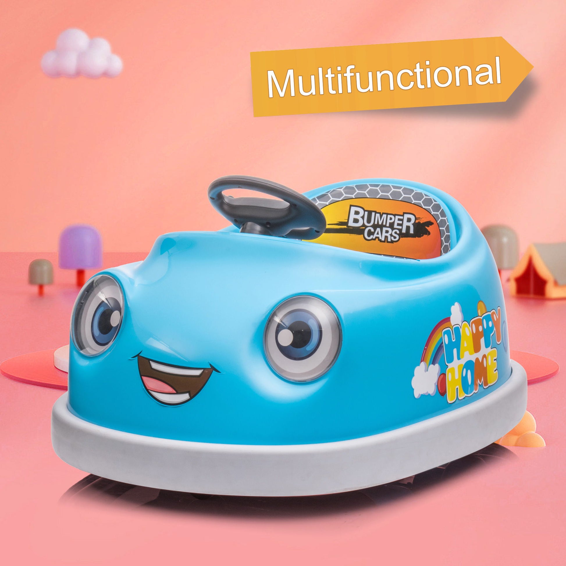 A blue "Bumper Car For Kids" 12V electric ride-on for ages 1-6, featuring cartoon eyes, smile, "HAPPY HOME" and "BUMPER CARS" text. Pink whimsical background; top right label says "Multifunctional." Includes pushrod, dinner plate & music.
