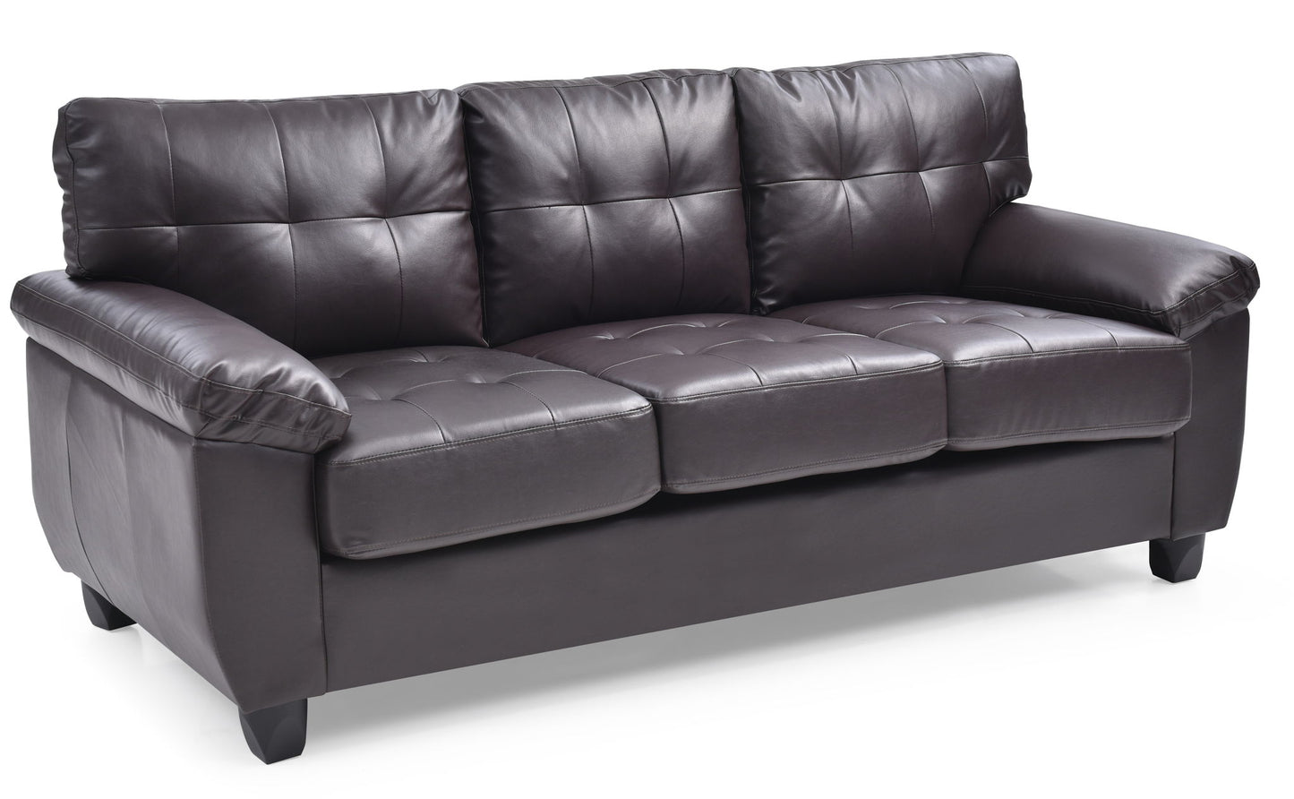 The Comfortable Sofa is a three-seater in dark brown leather, featuring tufted cushions and wide armrests, displayed against a white background.