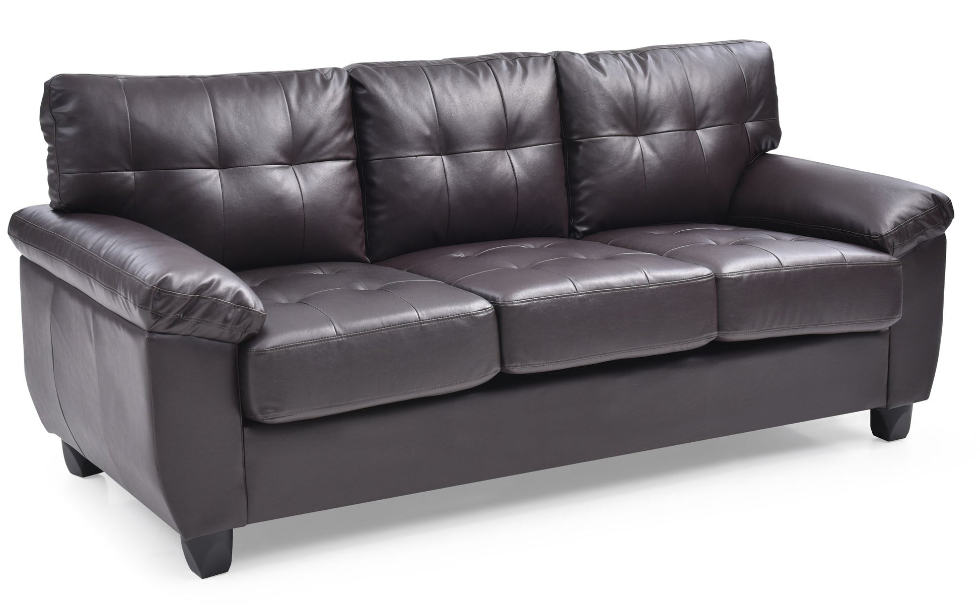 The Comfortable Sofa is a three-seater in dark brown leather, featuring tufted cushions and wide armrests, displayed against a white background.