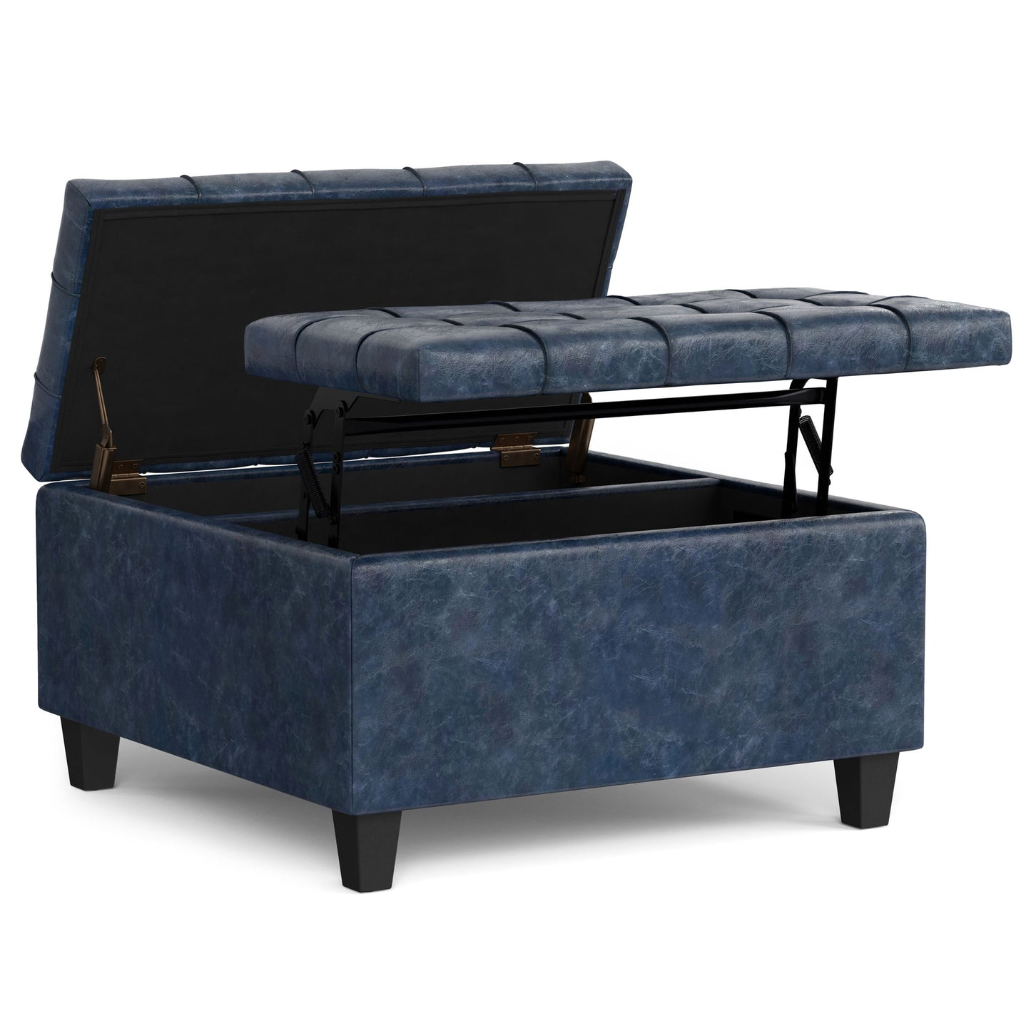 The Harrison Upholstered Coffee Table Storage Ottoman features a blue square design with black legs, a lift-top lid revealing interior storage, and tufted cushioning shown partially raised.