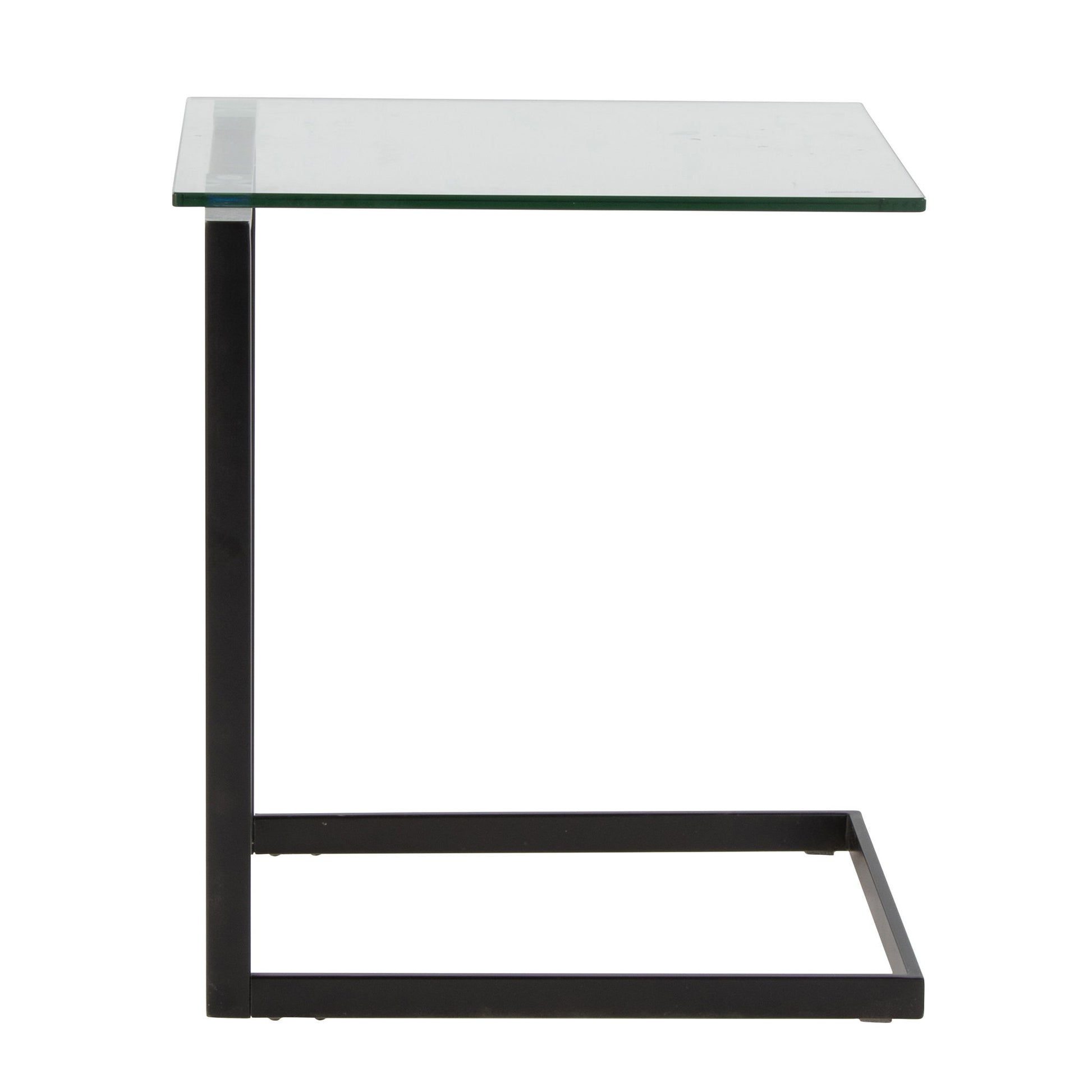 The Zenn - Contemporary End Table features a sleek C-shaped design with a clear glass top and black metal frame, making it easy to slide under sofas or chairs for convenient use.