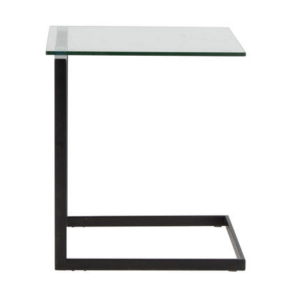 The Zenn - Contemporary End Table features a sleek C-shaped design with a clear glass top and black metal frame, making it easy to slide under sofas or chairs for convenient use.