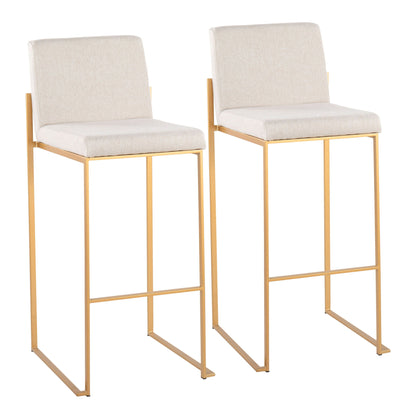 Set of 2 Fuji Contemporary Design High Back Barstools with gold metal frames and light beige upholstered seats and backs, displayed side by side against a white background.