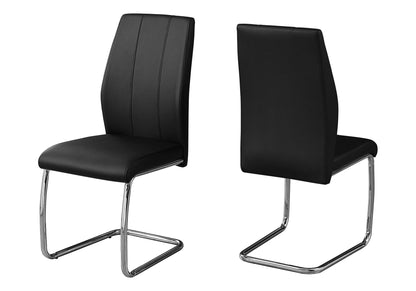 Set of 2 Contemporary & Modern Dining Chairs, side upholstered for dining rooms, with black padded seats and backs and chrome cantilever legs. One chair is shown from the front, the other from the back.