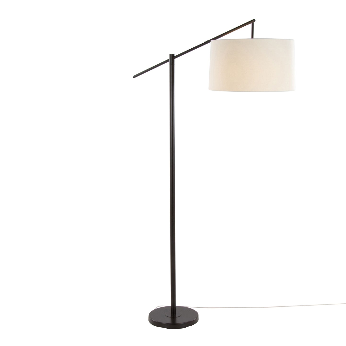 The Casper - Contemporary Floor Lamp features a black metal stand and base, an off-white cylindrical shade suspended from an angled arm, and a power cord extending from the base.