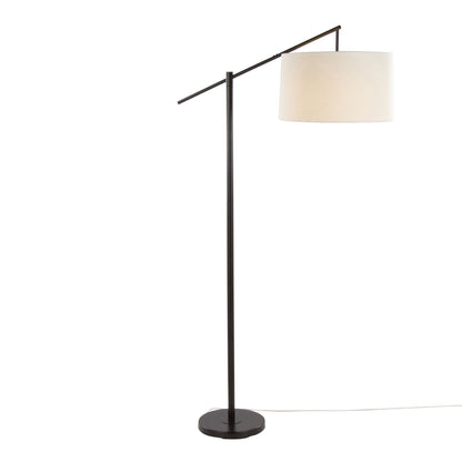 The Casper - Contemporary Floor Lamp features a black metal stand and base, an off-white cylindrical shade suspended from an angled arm, and a power cord extending from the base.
