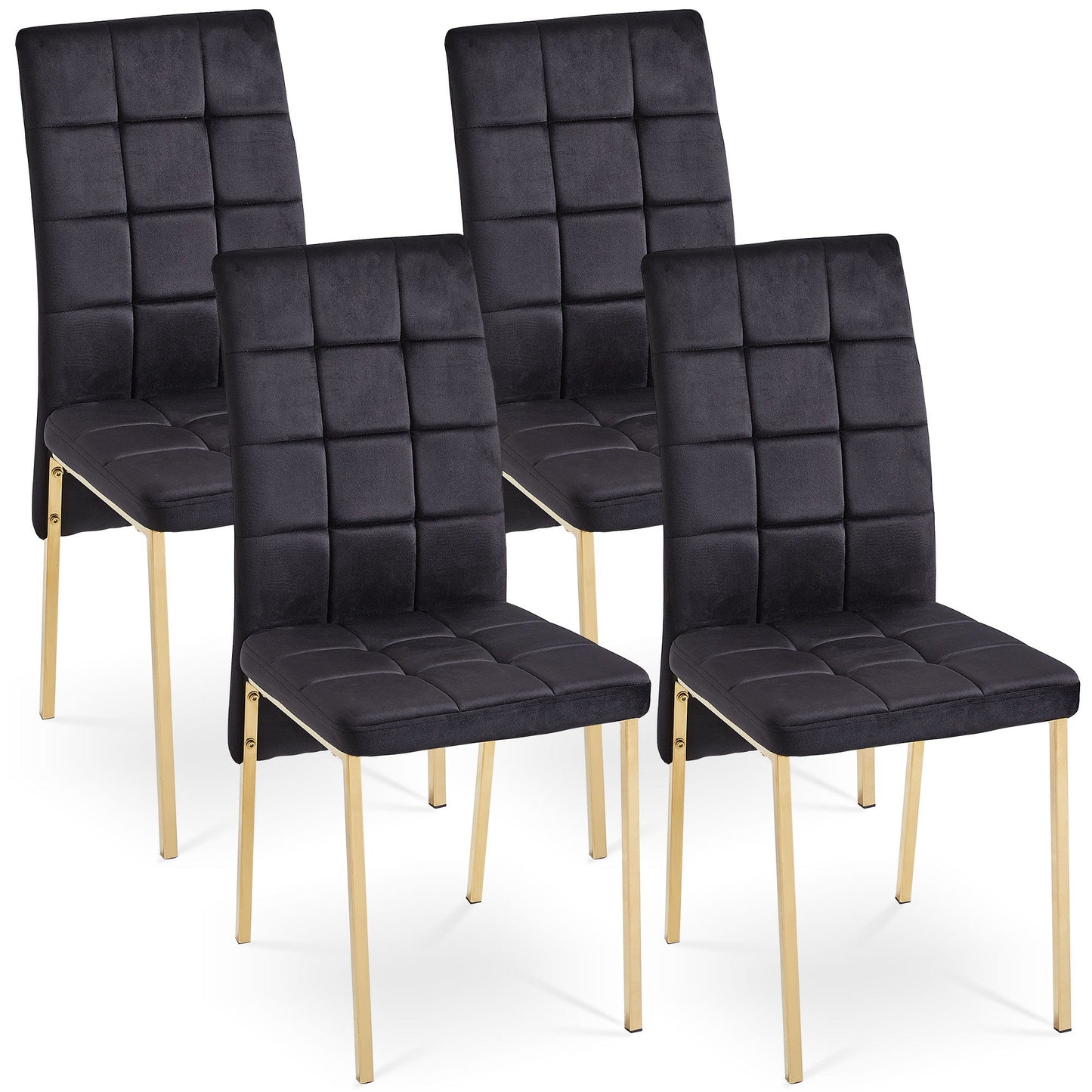 Four Velvet High Back Nordic Dining Chairs with golden color legs and black tufted upholstery, arranged in two rows against a white background.