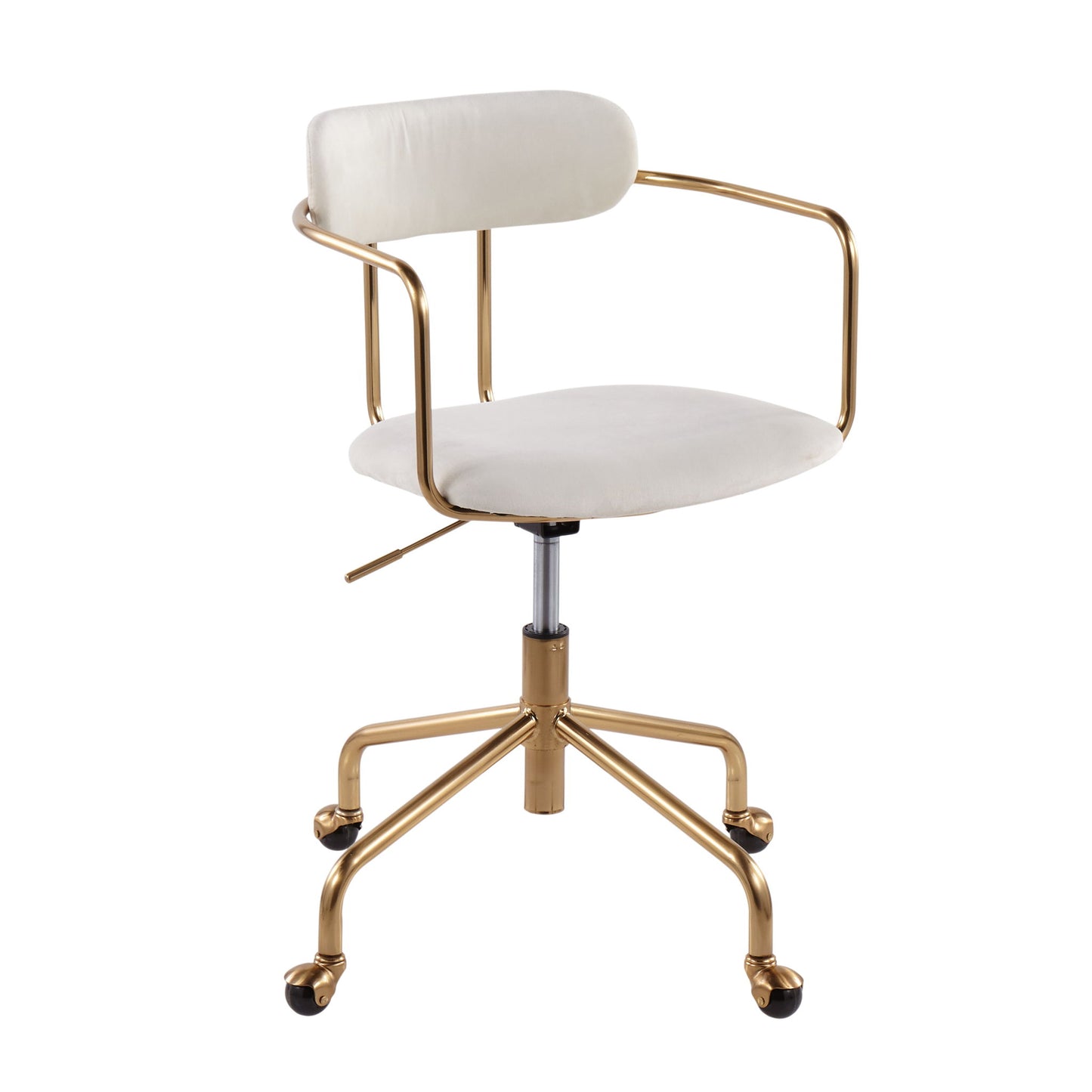 The Demi - Contemporary Office Chair features a white cushioned seat and backrest, gold metal armrests and frame, adjustable height lever, and five gold legs with black caster wheels.