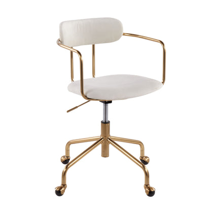 The Demi - Contemporary Office Chair features a white cushioned seat and backrest, gold metal armrests and frame, adjustable height lever, and five gold legs with black caster wheels.