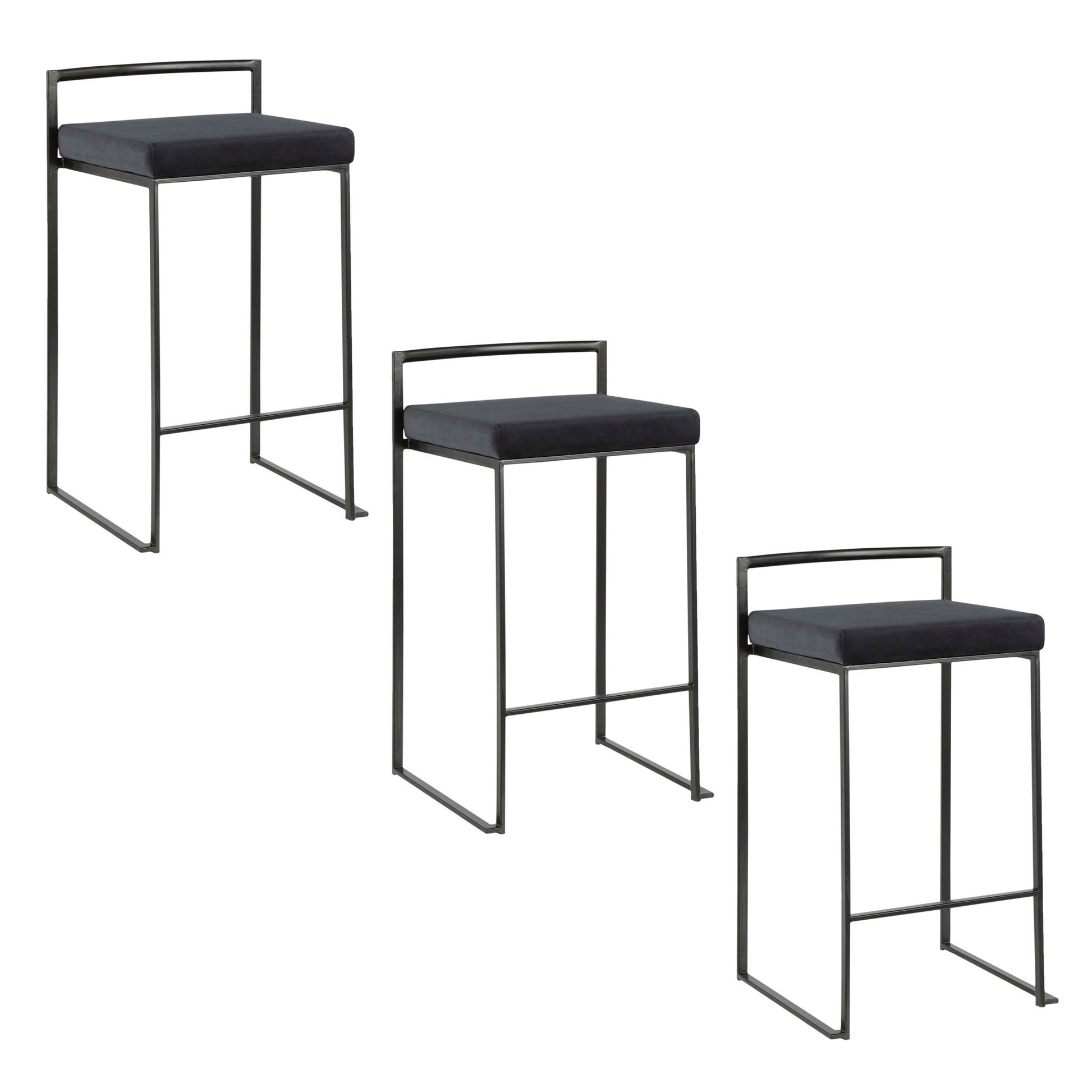 Three Fuji Contemporary Style Stackable Counter Stools feature thin black metal frames, square padded seats, and low minimalist backrests. Arranged diagonally on a white background, they showcase a sleek, modern design.